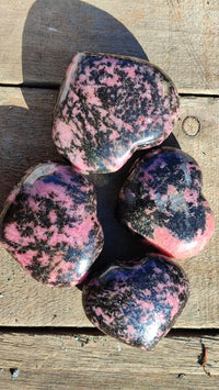 Polished Pink & Black Rhodonite Hearts x 4 From Madagascar - Toprock Gemstones and Minerals 
