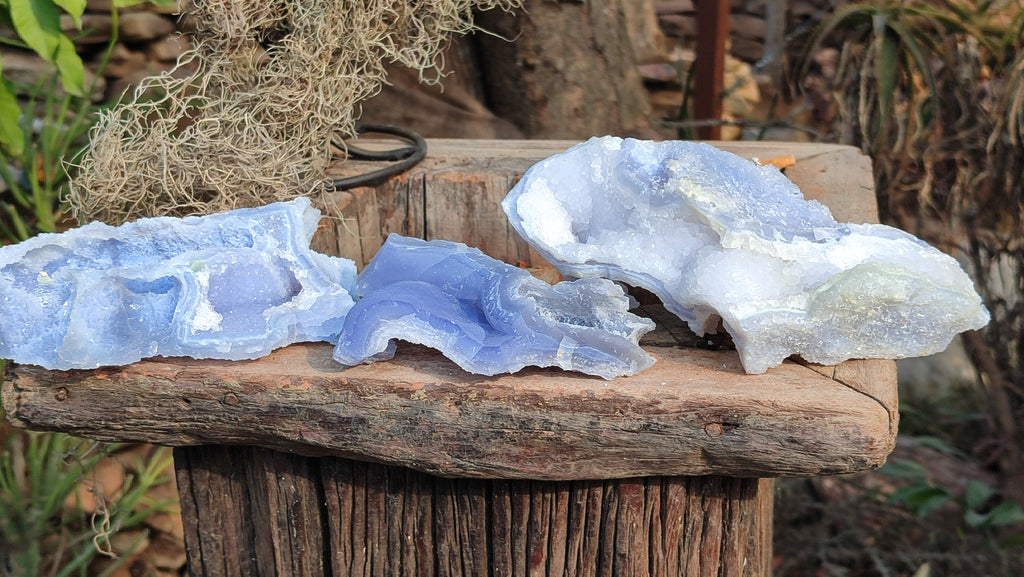 Natural Etched Blue Chalcedony Specimens x 3 From Nsanje, Malawi - Toprock Gemstones and Minerals 