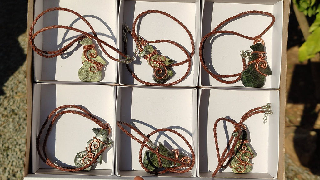 Polished Copper Wire Wrapped Leopard Stone Eagle Pendants x 6 From Zimbabwe - Toprock Gemstones and Minerals 