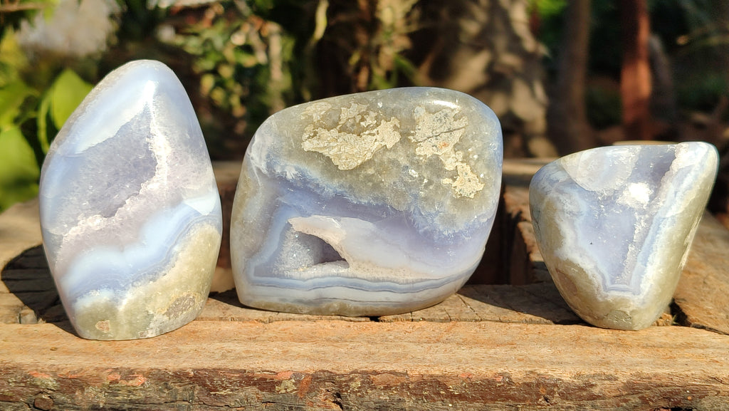 Polished Blue Lace Agate Standing Free Forms  x 3 From Nsanje, Malawi - Toprock Gemstones and Minerals 