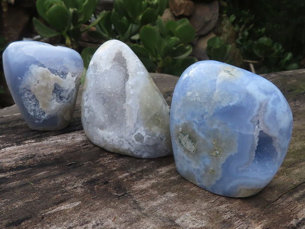 Polished Blue Lace Agate Standing Free Forms With Nice Crystalline Geode Vugs x 6 From Malawi - TopRock