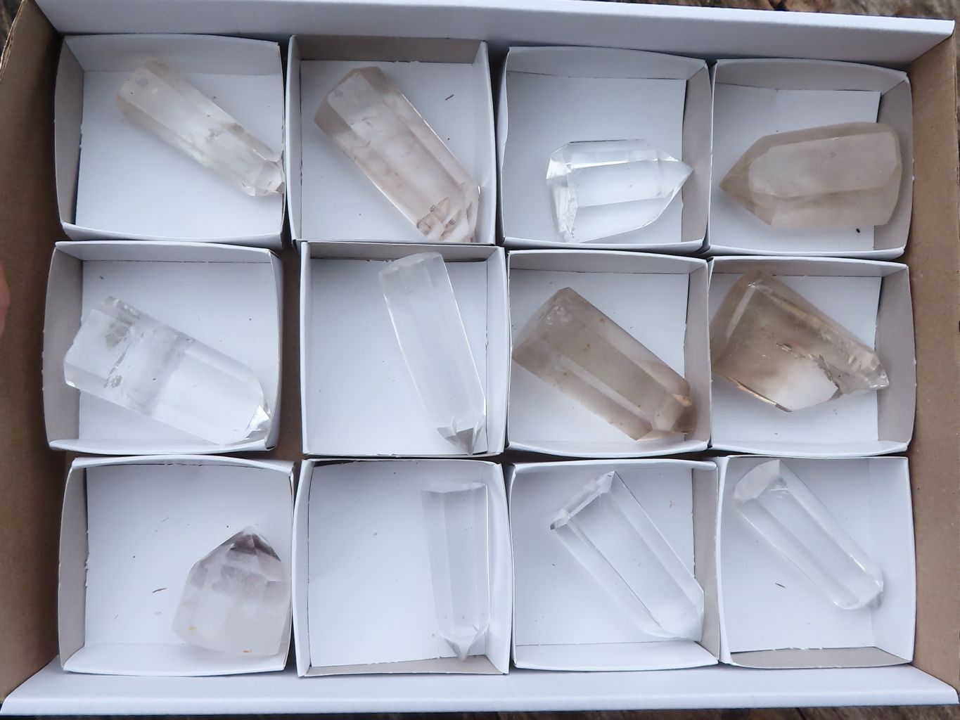 Polished Optic Wispy Smokey Phantom Quartz Points  x 12 From Madagascar - TopRock