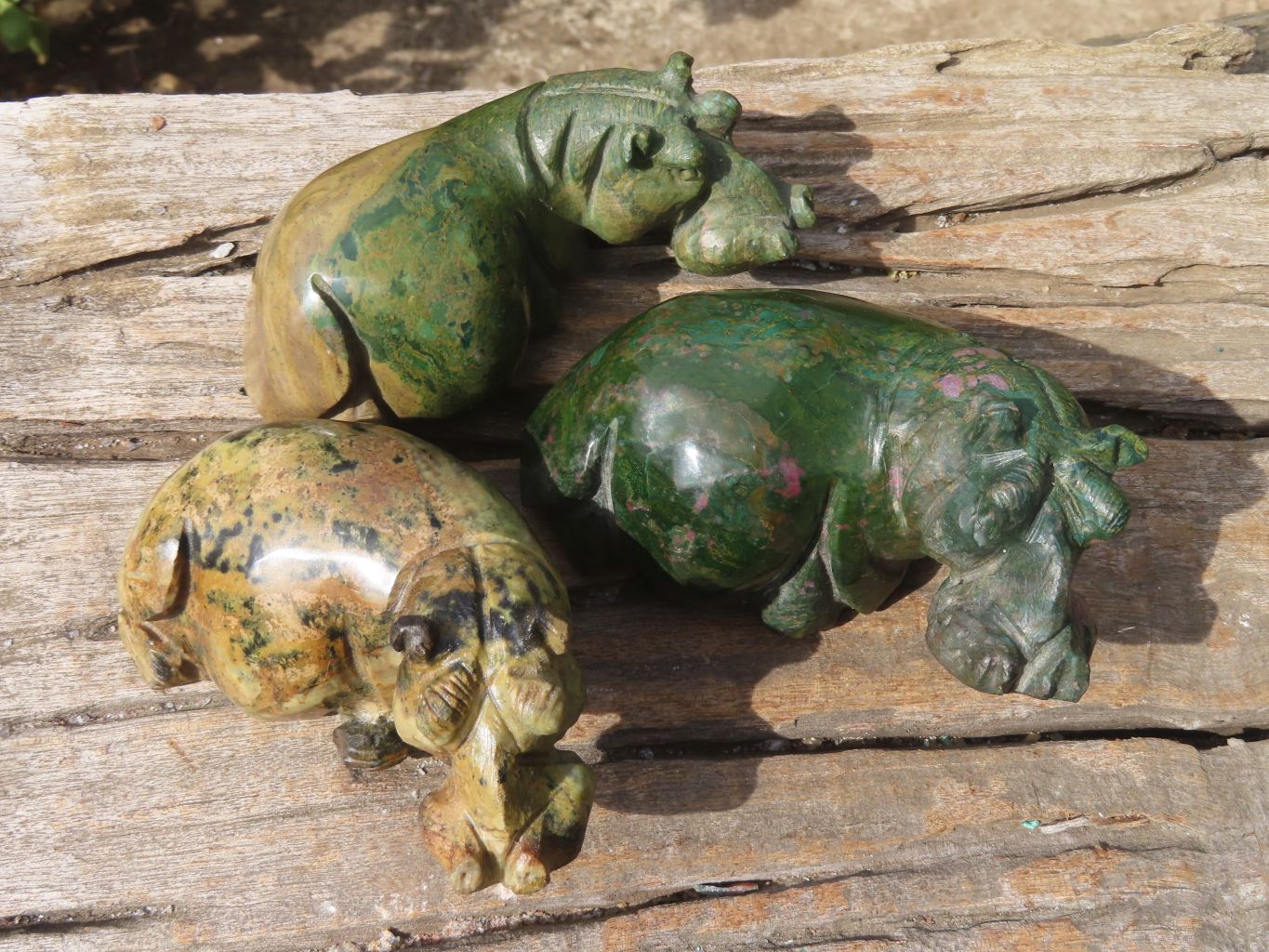 Polished Hand carved Verdite & Leopard stone Hippos x 3 From Zimbabwe - Toprock Gemstones and Minerals 