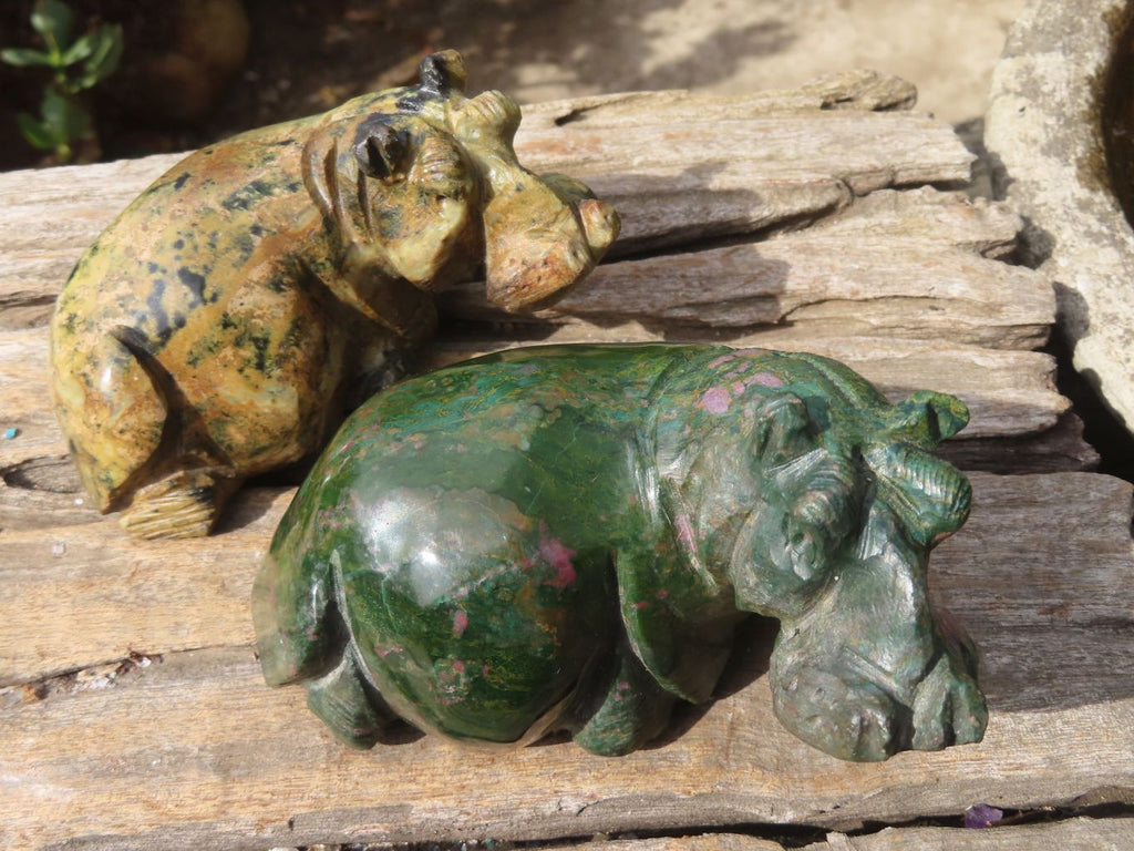 Polished Hand carved Verdite & Leopard stone Hippos x 3 From Zimbabwe - Toprock Gemstones and Minerals 
