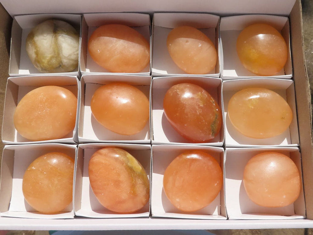 Polished Orange Twist Calcite Palm Stones  x 12 From Madagascar - TopRock