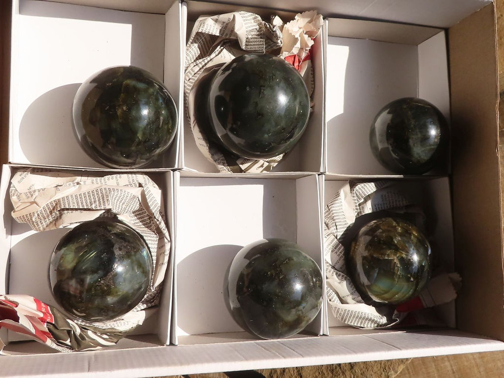 Polished Small Labradorite Spheres  x 6 From Tulear, Madagascar - Toprock Gemstones and Minerals 