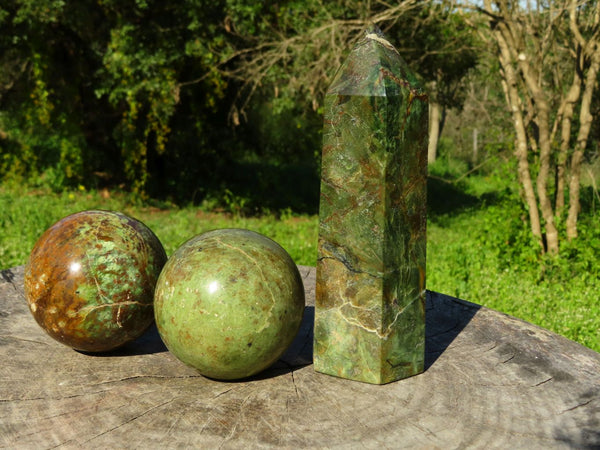 Polished Chrysoprase Spheres & x 1 Crystal Point x 3 From Madagascar - TopRock