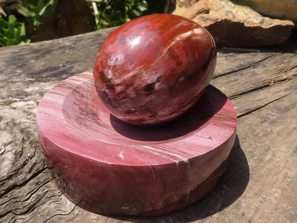 Polished Petrified Red Podocarpus Wood Bowl & Egg Set x 2 From Mahajanga, Madagascar - TopRock