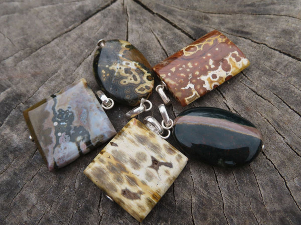 Polished Ocean Jasper Silver Pendants, Pure Silver Clasps With Hole Drilled Through Centre With Silver Pins x 4 From Marovato, Madagascar - TopRock