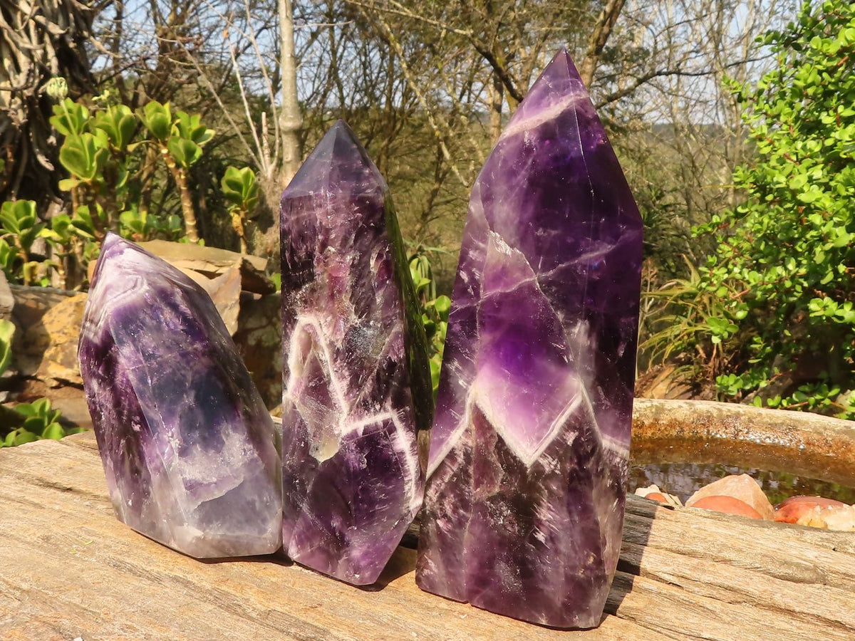 Polished Gemmy Chevron Amethyst Points  x 3 From Zambia - Toprock Gemstones and Minerals 