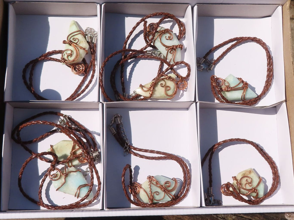 Polished Copper Wire Wrapped Blue Smithsonite Pendants x 8 From Congo - Toprock Gemstones and Minerals 
