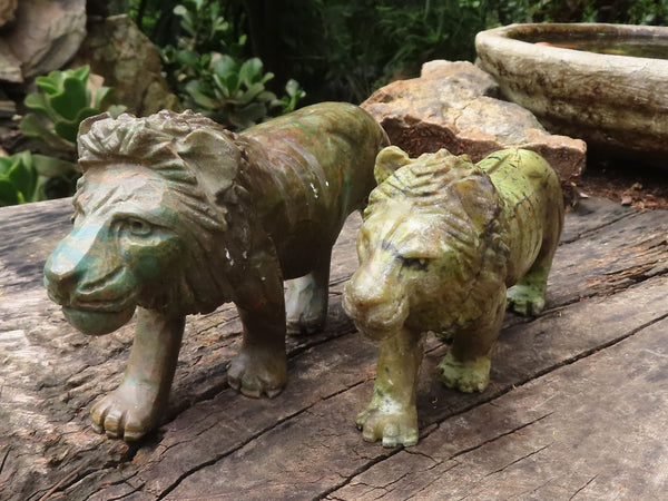 Polished Leopard Stone & Verdite Lion Carvings  x 2 From Zimbabwe - TopRock