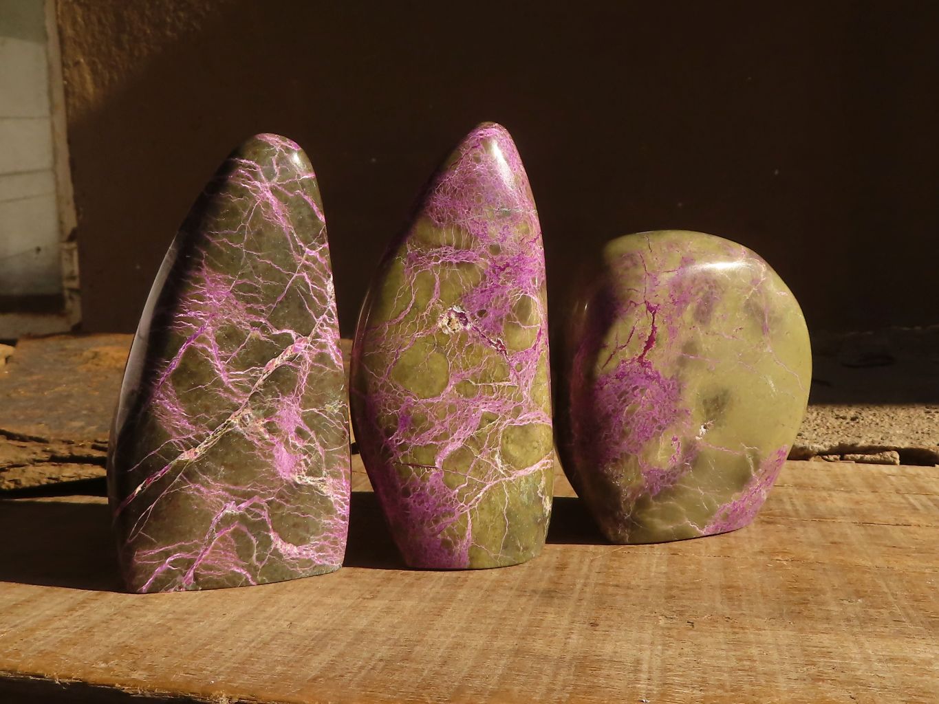 Polished  Stichtite & Serpentine Standing Free Forms With Silky Purple Threads x 3 From Barberton, South Africa - Toprock Gemstones and Minerals 