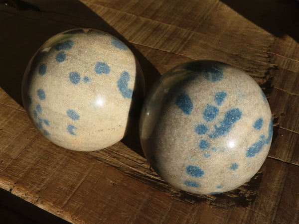 Polished Blue Spotted Spinel Quartz Spheres  x 2 From Madagascar