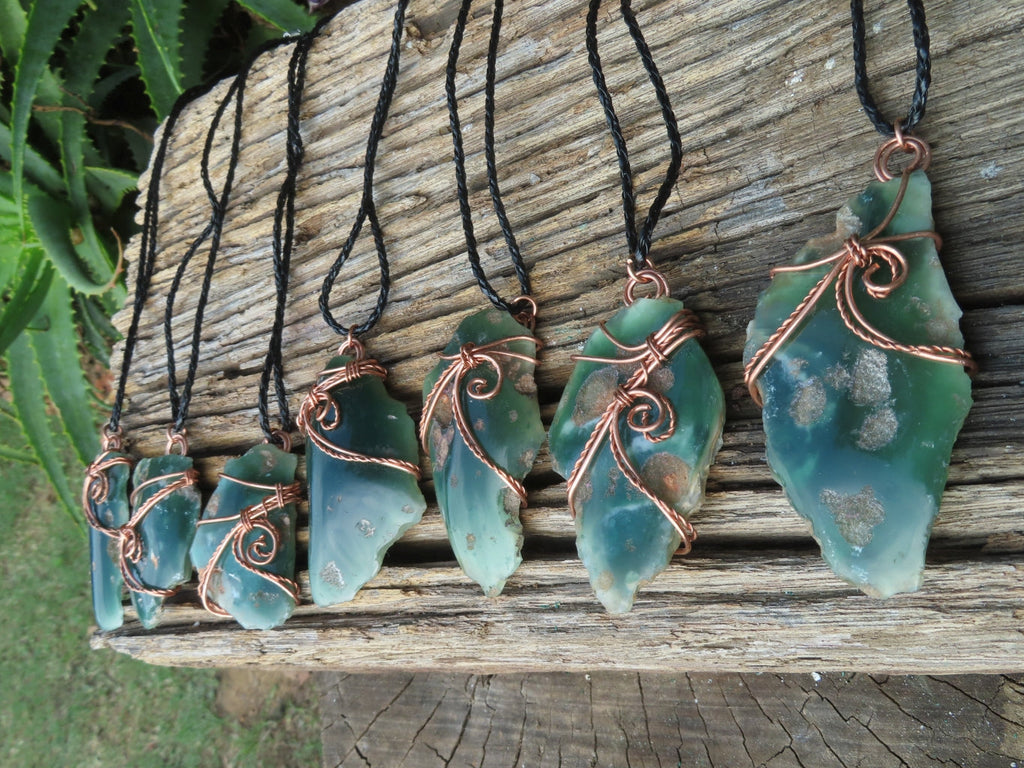 Polished XX Rare Chrome Emerald Chrysoprase Specimens in Copper Art Wire Wrap Pendant - sold per piece - From Mutorashanga, Zimbabwe - TopRock