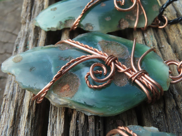 Polished XX Rare Chrome Emerald Chrysoprase Specimens in Copper Art Wire Wrap Pendant - sold per piece - From Mutorashanga, Zimbabwe - TopRock