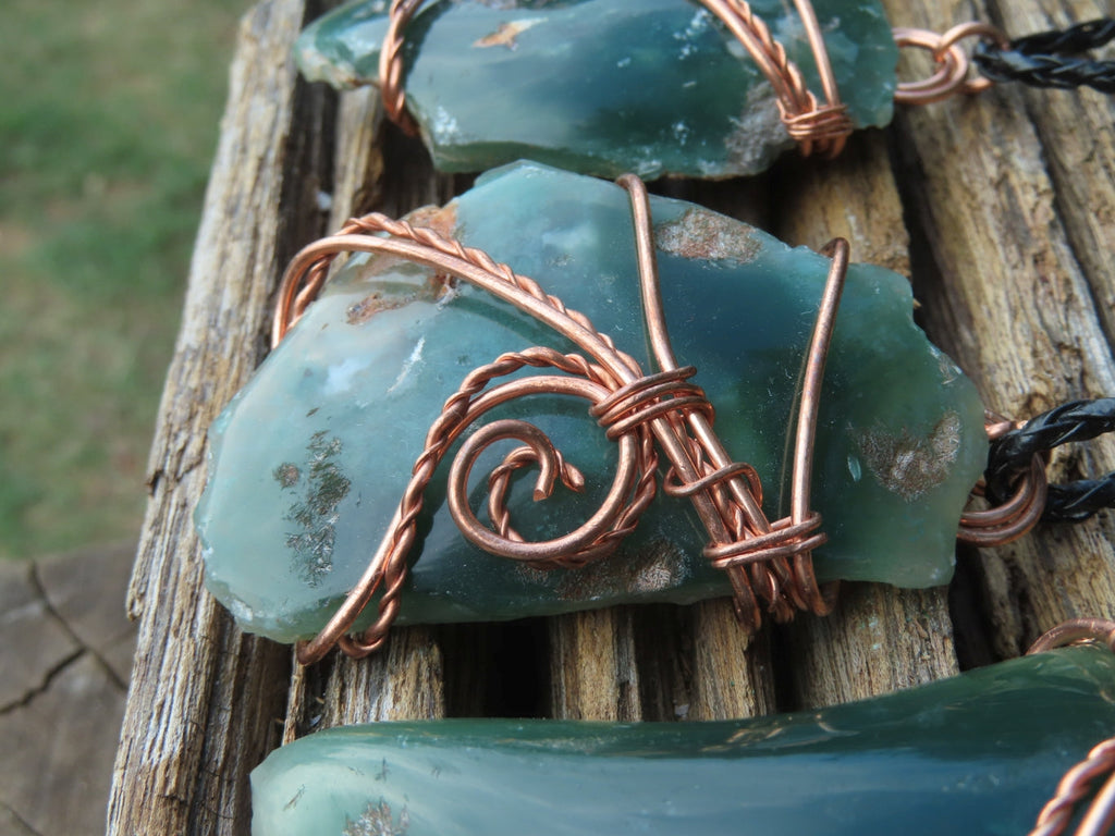 Polished XX Rare Chrome Emerald Chrysoprase Specimens in Copper Art Wire Wrap Pendant - sold per piece - From Mutorashanga, Zimbabwe - TopRock