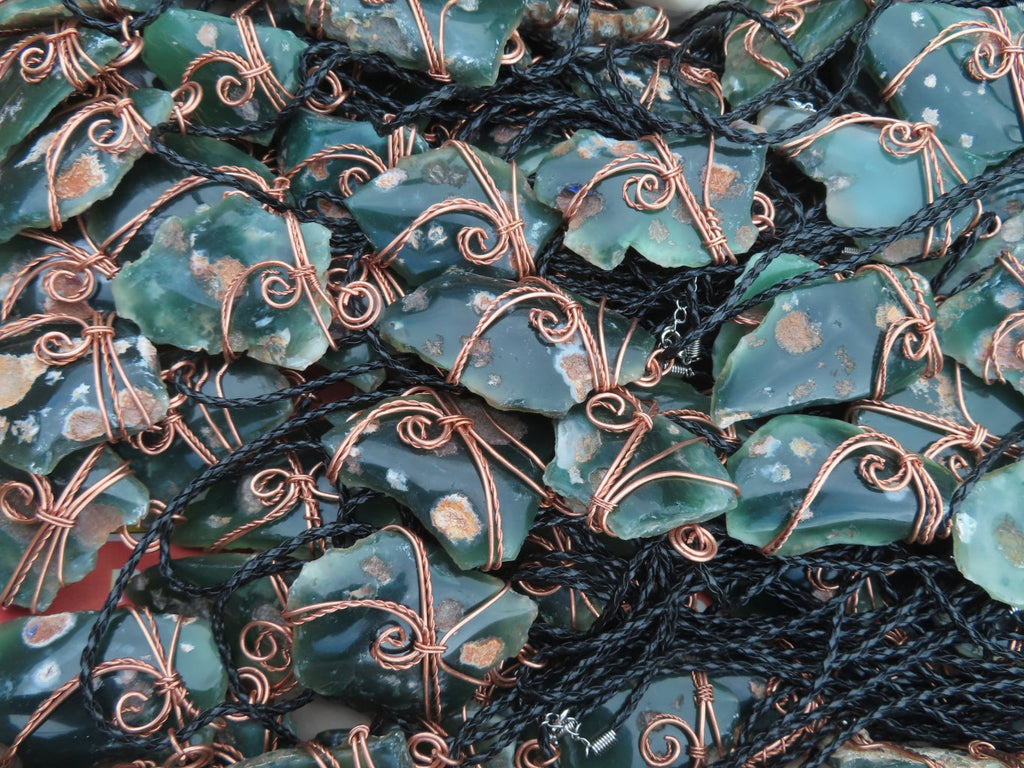 Polished XX Rare Chrome Emerald Chrysoprase Specimens in Copper Art Wire Wrap Pendant - sold per piece - From Mutorashanga, Zimbabwe - TopRock