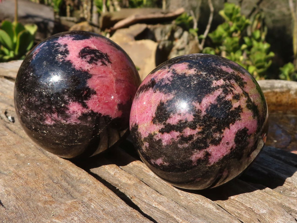 Polished  Pink & Black Rhodonite Spheres x 2 From Madagascar - Toprock Gemstones and Minerals 