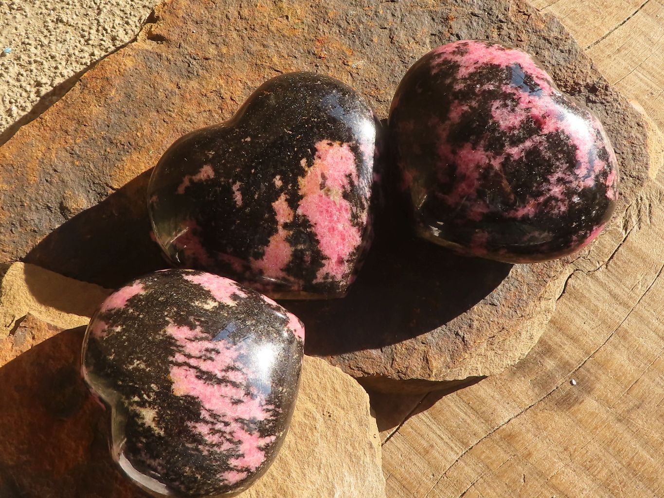Polished  Pink & Black Rhodonite Hearts x 3 From Madagascar - Toprock Gemstones and Minerals 
