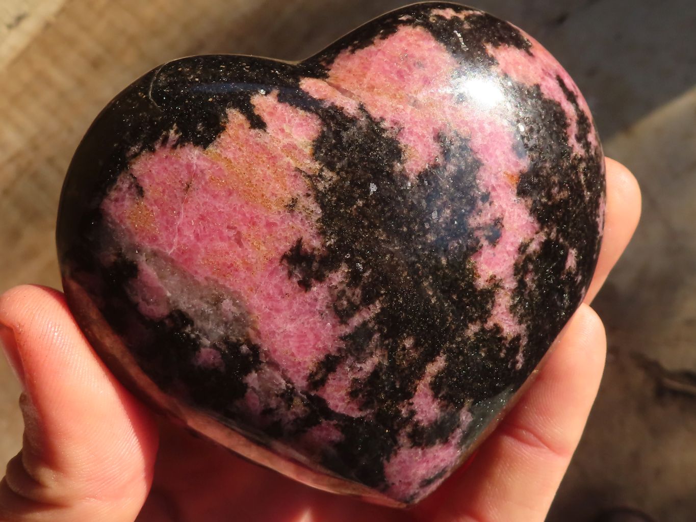 Polished  Pink & Black Rhodonite Hearts x 3 From Madagascar - Toprock Gemstones and Minerals 