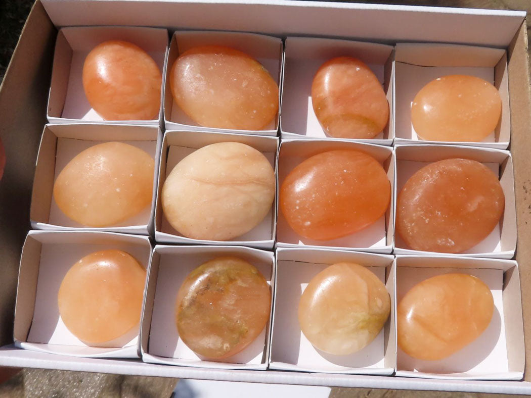 Polished Vibrant Orange Twist Calcite Palm Stones  x 12 From Madagascar - TopRock