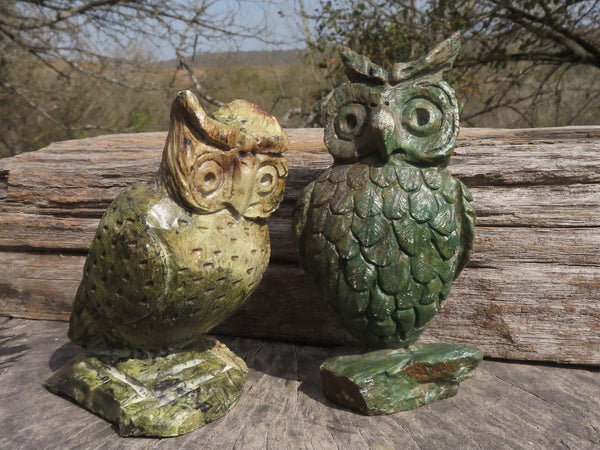 Polished Hand Carved Verdite & Leopard stone Owls  x 2 From Zimbabwe - TopRock