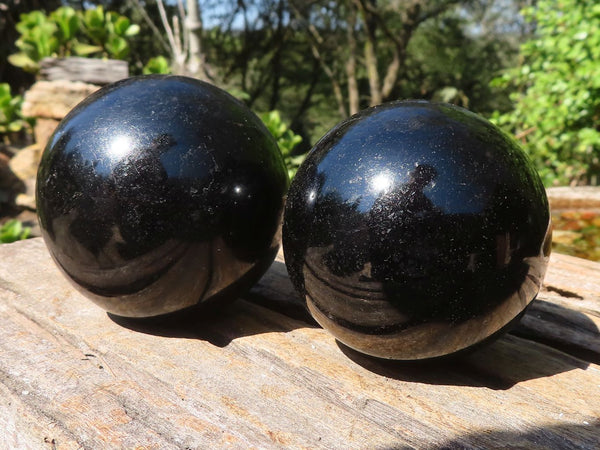 Polished Schorl Black Tourmaline Spheres  x 2 From Madagascar - Toprock Gemstones and Minerals 