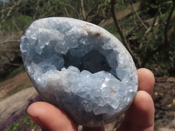 Polished Blue Celestite Eggs With Crystalline Centres  x 3 From Sakoany, Madagascar