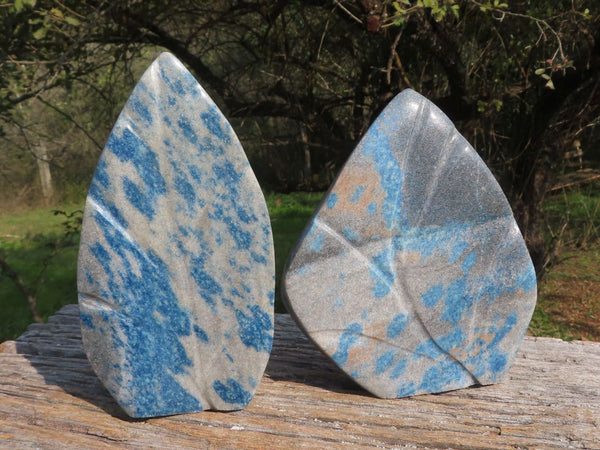 Polished Blue Spotted Spinel Quartz Leaf Sculpture x 2 From Madagascar - TopRock
