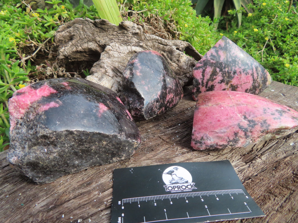 Polished Half Polished Pink & Black Rhodonite Pieces x 4 From Madagascar - TopRock