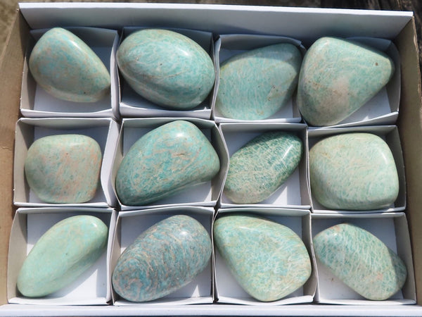 Polished Blue Amazonite Palm Stones  x 12 From Zimbabwe - TopRock