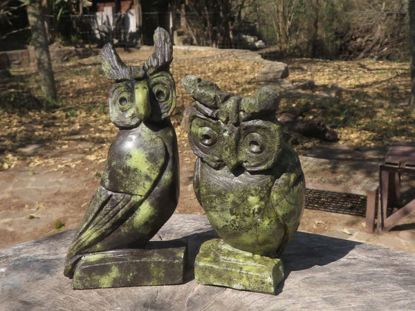 Polished Hand Carved Leopard Stone Owls  x 2 From Zimbabwe