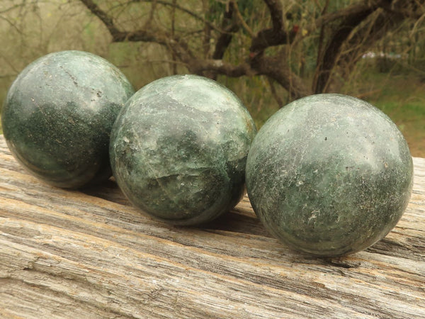 Polished Green Fuchsite Quartz Spheres (Micro-crystalline Pyrite Specks) x 3 From Andakatani, Madagascar - TopRock