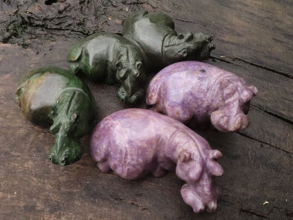 Polished Verdite & Lepidolite Hippo Carvings  x 4 From Zimbabwe - TopRock