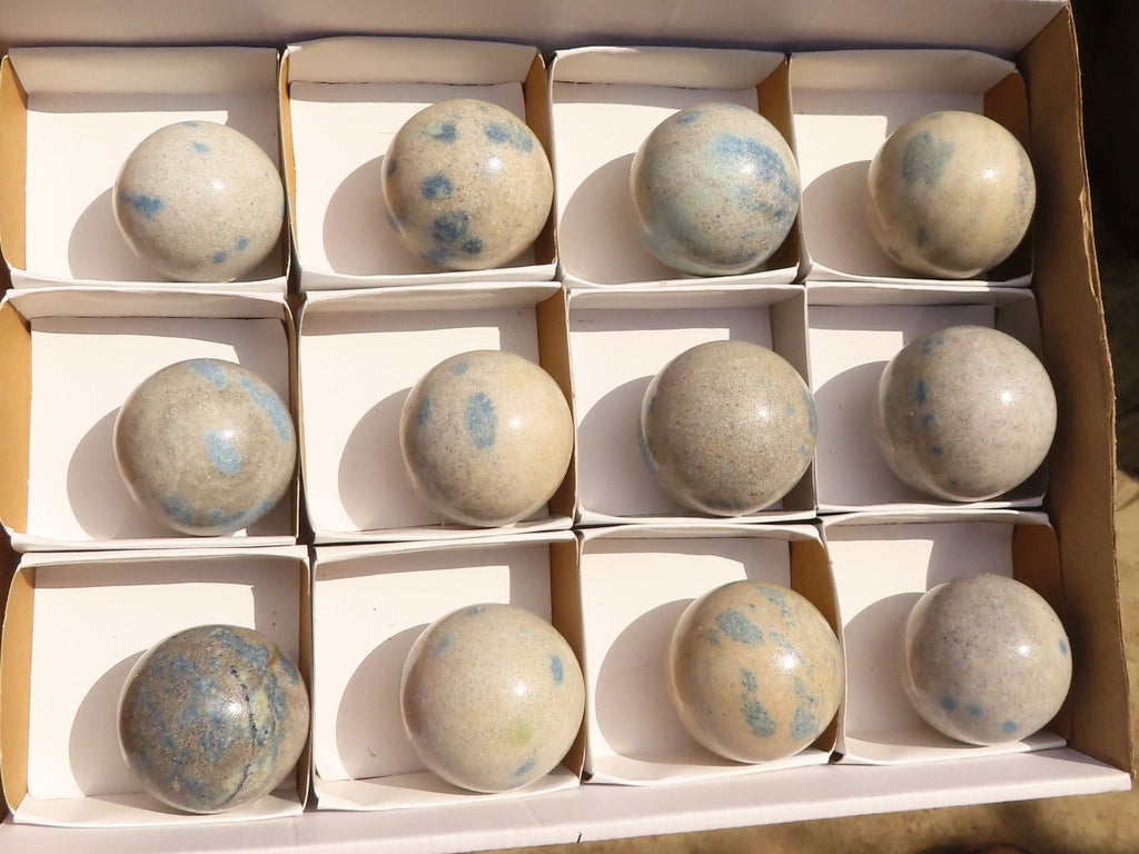 Polished Blue Spotted Spinel Quartz Spheres x 12 From Madagascar - Toprock Gemstones and Minerals 