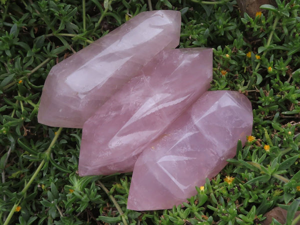 Polished Gorgeous Gemmy Pink Rose Quartz Double Terminated Points x 3 From Madagascar - TopRock