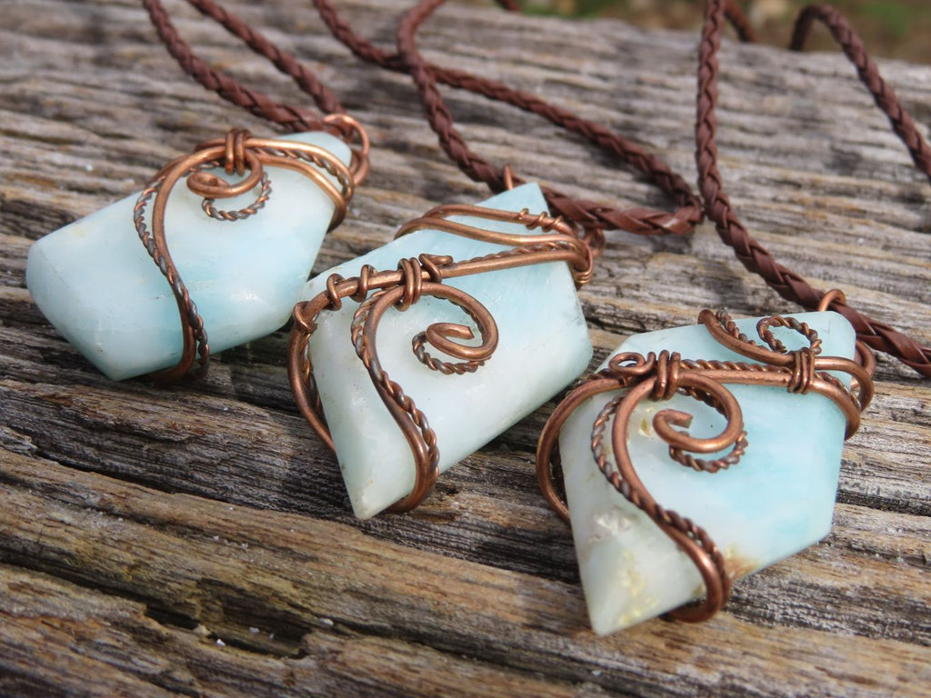 Polished Facetted Blue Smithsonite Free Forms Double Wrapped In Copper Art Wire x 6 From Congo - TopRock