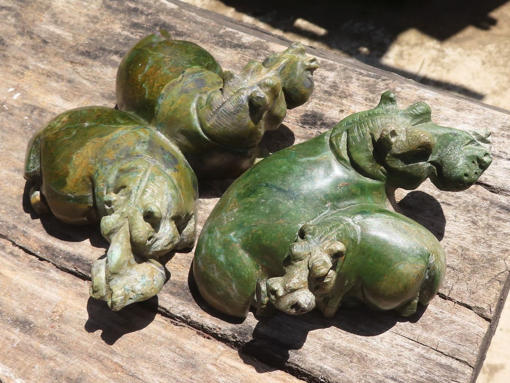 Polished Green Verdite Twin Hippo Carvings  x 2 From Zimbabwe - TopRock