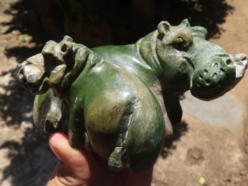 Polished Green Verdite Twin Hippo Carvings  x 2 From Zimbabwe - TopRock