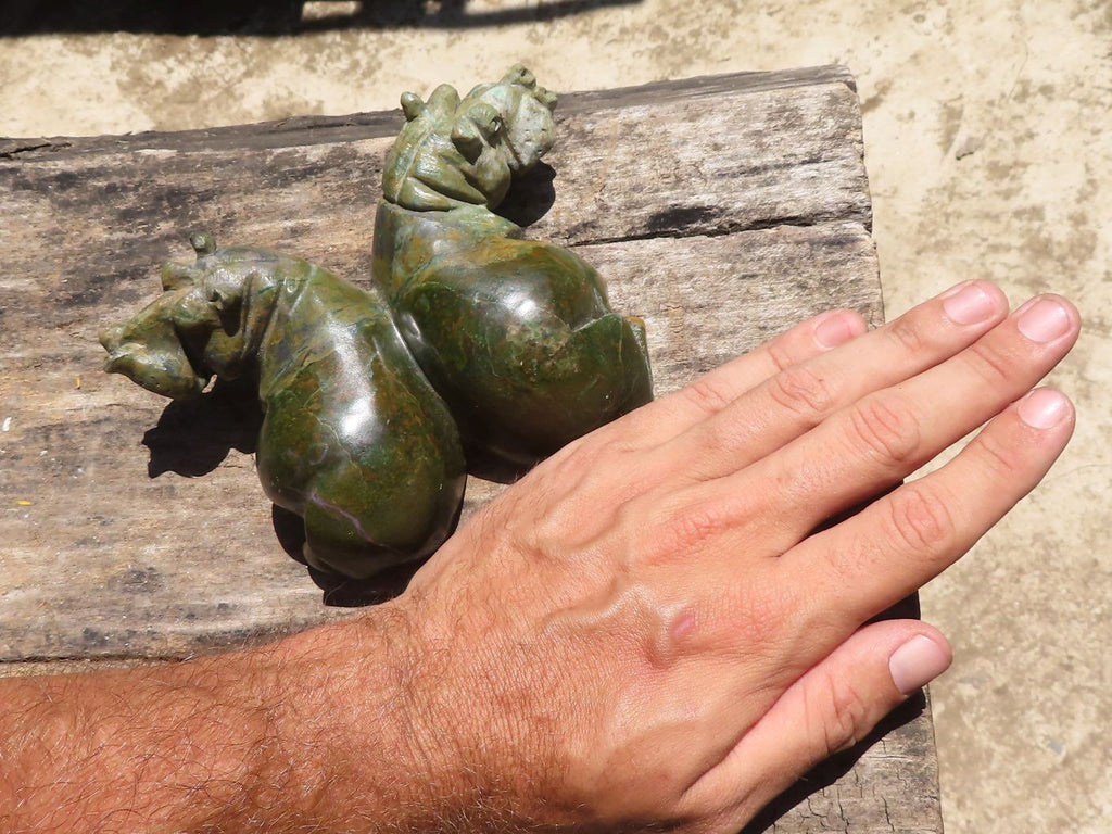 Polished Green Verdite Twin Hippo Carvings  x 2 From Zimbabwe - TopRock