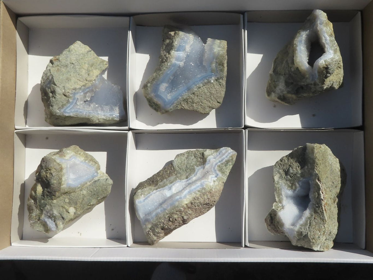 Natural Blue Lace Agate Geode Specimens  x 6 From Nsanje, Malawi - TopRock