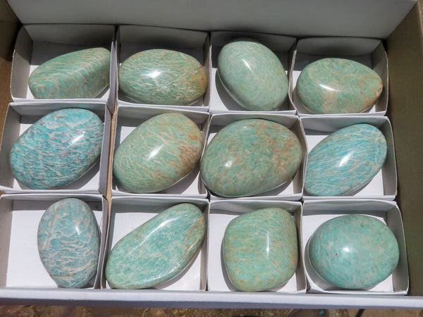 Polished Blue Kobi Amazonite Palm Stones  x 12 From Zimbabwe - TopRock
