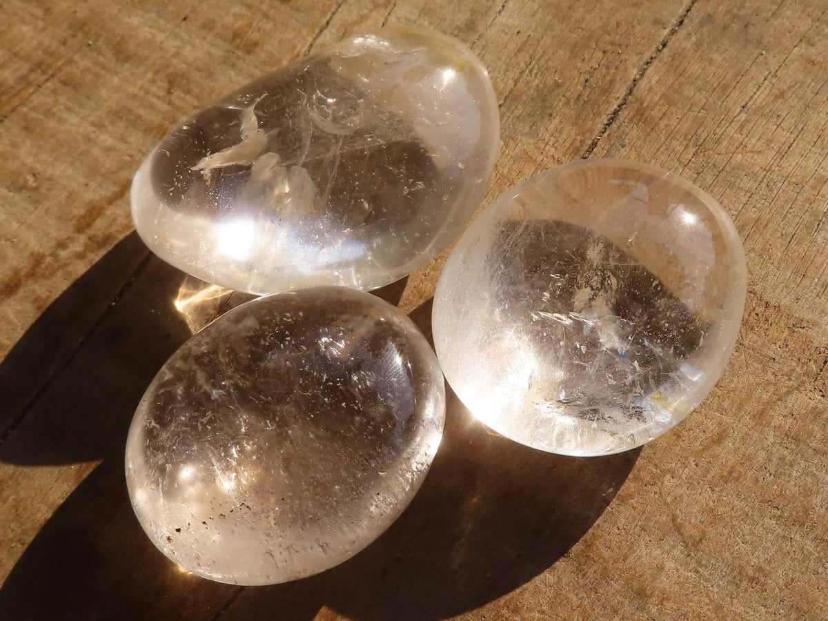 Polished Clear Rock Crystal Galet / Palm Stones & One Optic Quartz Heart x 12 From Madagascar - Toprock Gemstones and Minerals 