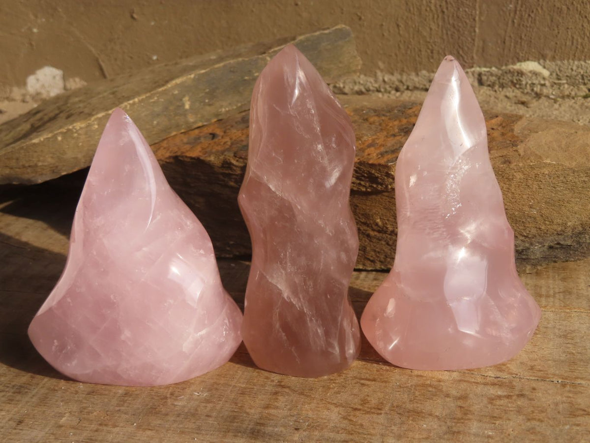 Polished Pink Rose Quartz Flame Sculptures x 6 From Madagascar - Toprock Gemstones and Minerals 