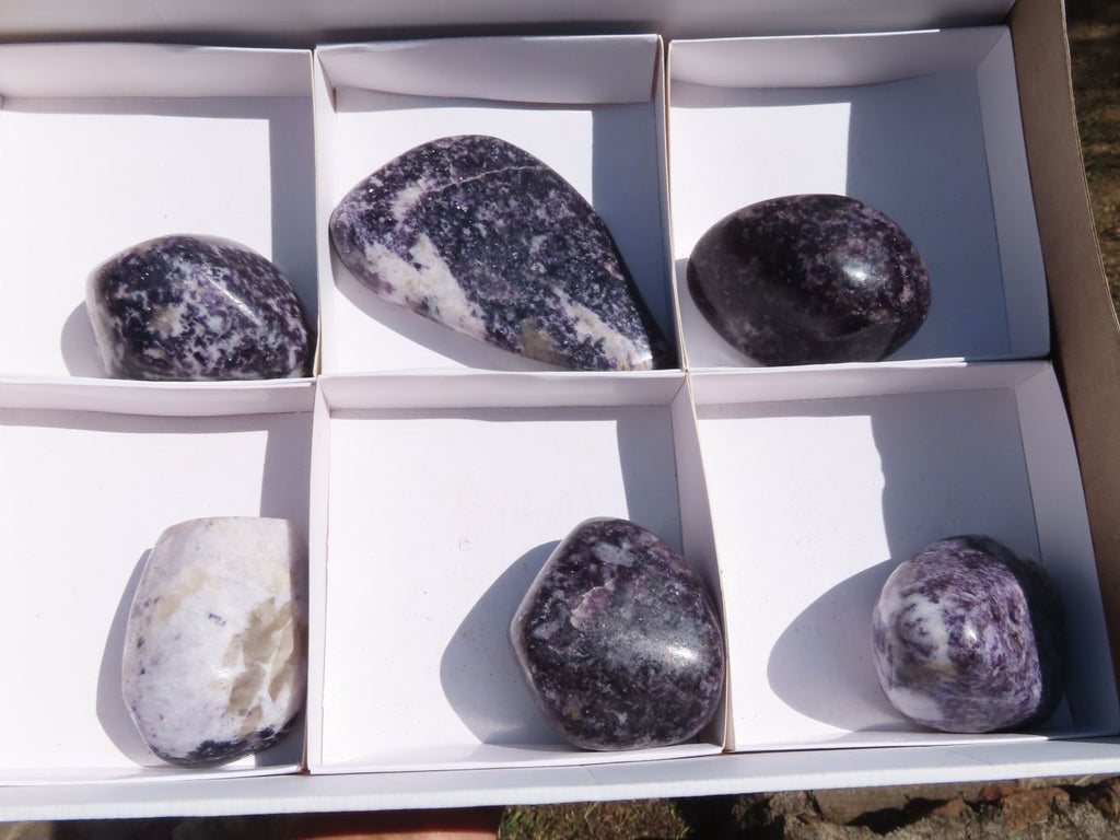 Polished Stunning Specular Purple Lepidolite with White Contrasting Colours Free Forms x 6 From Zimbabwe - TopRock