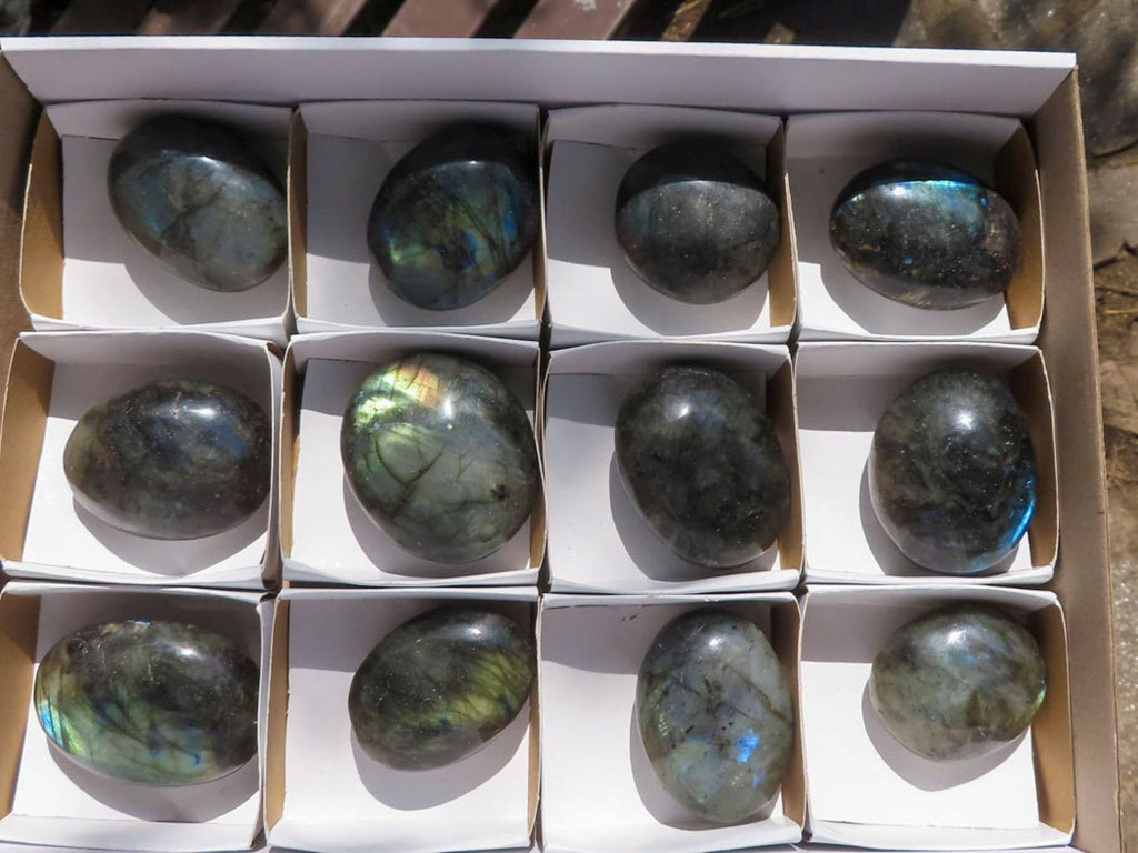 Polished Flashy Labradorite Palm Stones  x 12 From Tulear, Madagascar - TopRock
