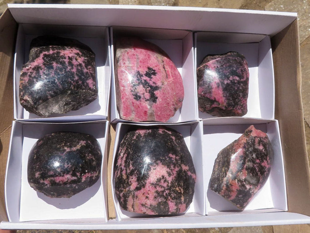 Polished One Natural Pink & Black Rhodonite Free Forms x 6
