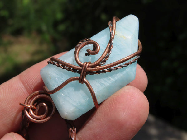 Polished Faceted Blue Smithsonite Crystals Set In Copper Art Wire Wrap Pendants x 6 From Congo - TopRock