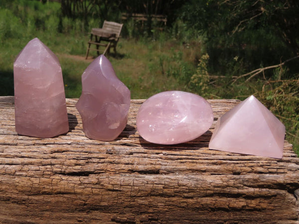 Polished Rose Quartz Pyramid, Flame, Crystal Point & Heart x 4 From Madagascar - TopRock